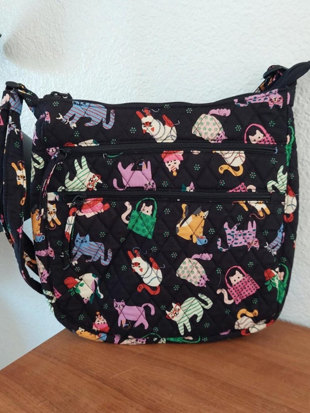vera bradley trio zipper herding cats Black quilted cat print crossbody bag with